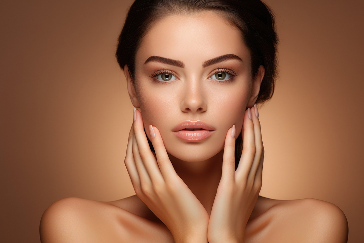 Captivating brunette, flawless skin, delicately touching her face