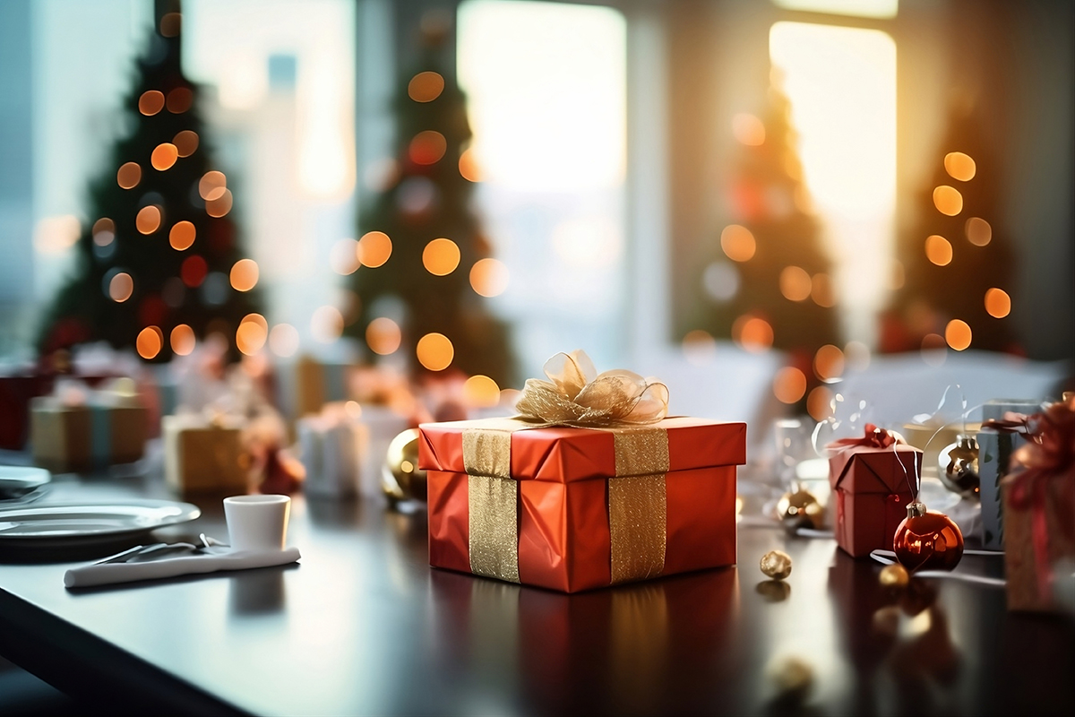 Christmas table with plates and presents